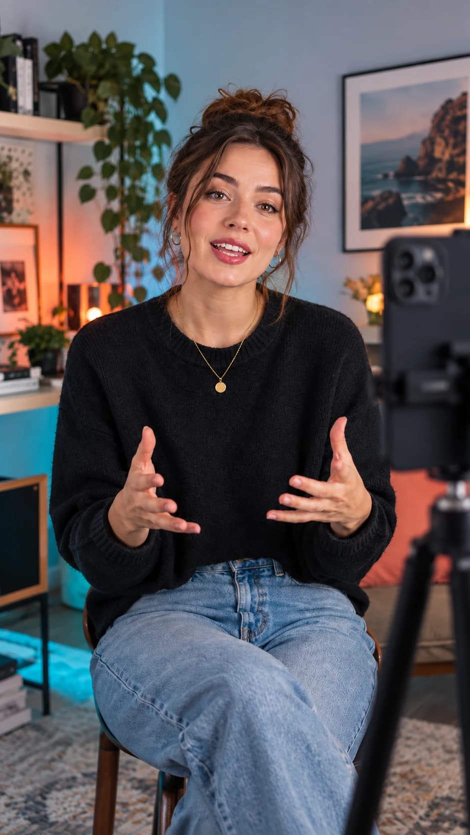 Solo creator speaking to camera in her home studio