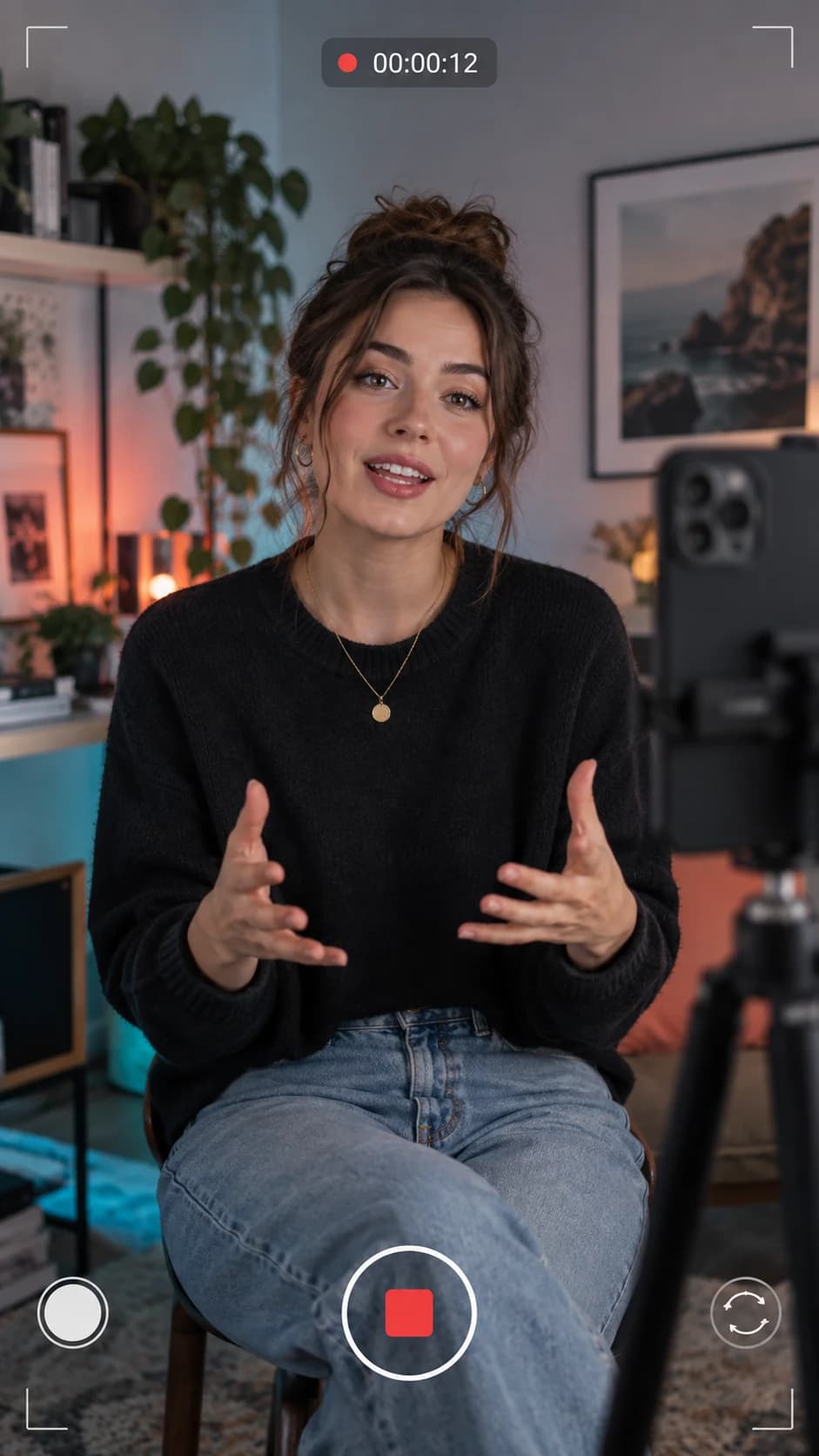 Solo creator speaking to camera in her home studio