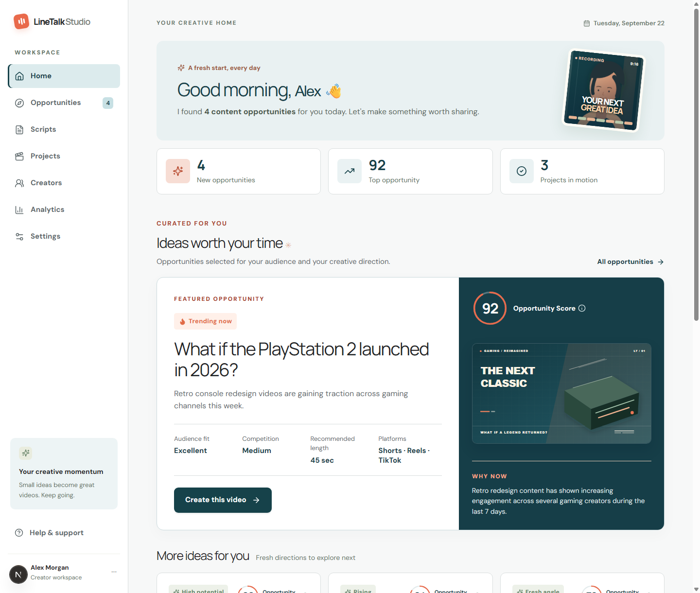 Felvero dashboard preview with opportunities, scripts, projects, creators, analytics and settings navigation